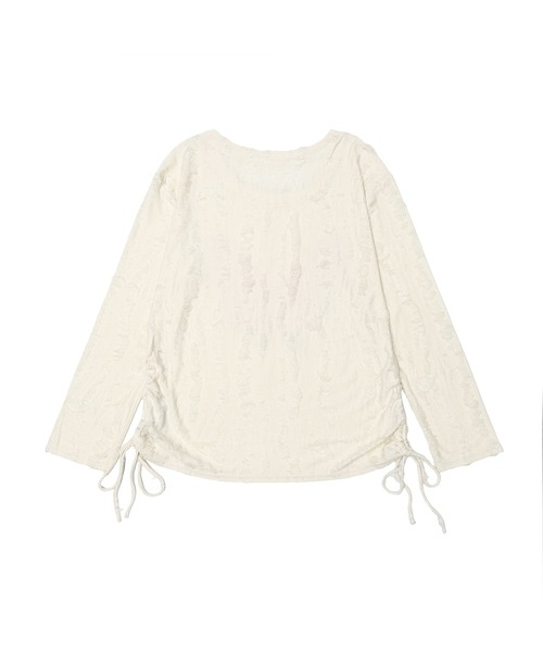 HOOK(フック)の「【HOOK】for girls リボンタイ付きバタフライプリントサイドシャーリングダメージ透かしニットソー(Tシャツ/カットソー・レディース・グレー/ライトベージュ・S/L/M)」の6枚目の写真