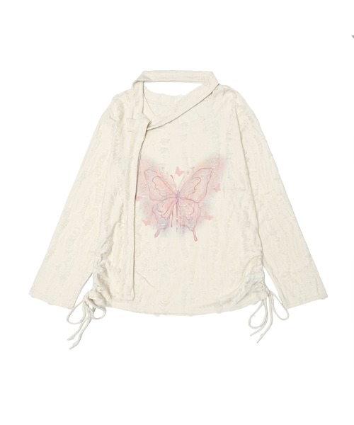 HOOK(フック)の「【HOOK】for girls リボンタイ付きバタフライプリントサイドシャーリングダメージ透かしニットソー(Tシャツ/カットソー・レディース・グレー/ライトベージュ・S/L/M)」の4枚目の写真