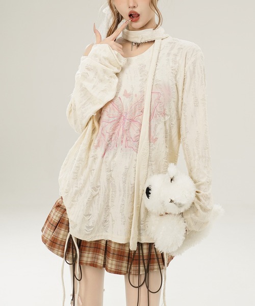 HOOK(フック)の「【HOOK】for girls リボンタイ付きバタフライプリントサイドシャーリングダメージ透かしニットソー(Tシャツ/カットソー・レディース・グレー/ライトベージュ・S/L/M)」の11枚目の写真
