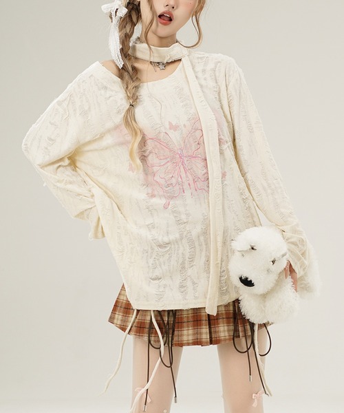 HOOK(フック)の「【HOOK】for girls リボンタイ付きバタフライプリントサイドシャーリングダメージ透かしニットソー(Tシャツ/カットソー・レディース・グレー/ライトベージュ・S/L/M)」の14枚目の写真