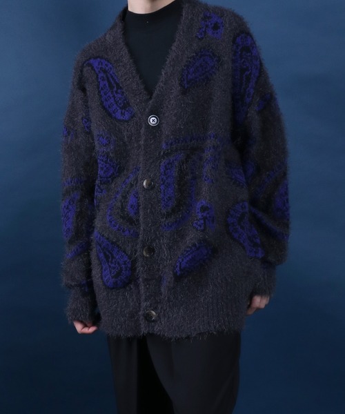 セール】Total Pattern Mohairtouch Shaggy Knit Cardigan/総柄 モヘア 
