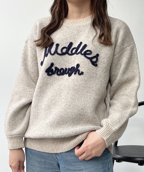 STONE  コンパスロゴ 刺繍 コットンウール　　　　ニット L ニット レディース ロゴ トップス プルオーバー クルーネック 長袖