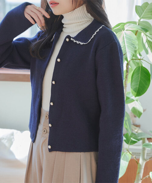 ピコレース襟付きニットカーディガン（カーディガン/ボレロ）｜KOBE