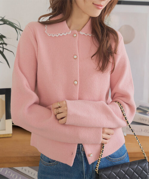 セール】ピコレース襟付きニットカーディガン（カーディガン/ボレロ