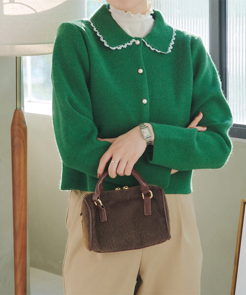 KOBE LETTUCE(コウベレタス)の「ピコレース襟付きニットカーディガン(カーディガン/ボレロ・レディース・ブラック系その他/グリーン/チャコール/ネイビー/アイボリー/ベージュ/ピンク・M)」の5枚目の写真