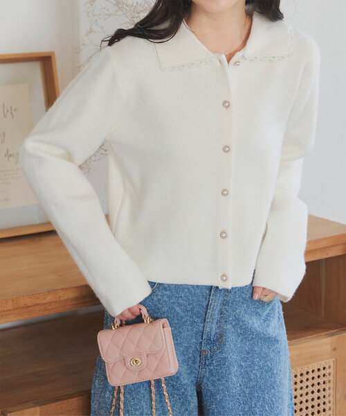 ピコレース襟付きニットカーディガン（カーディガン/ボレロ）｜KOBE