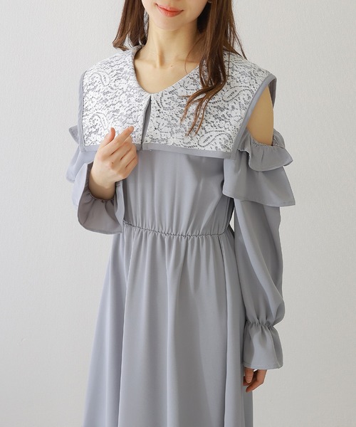 Lace Ladies(レースレディース)の「ビッグ レースカラー カットアウト マキシ ワンピース(ワンピース・レディース・ブラック/ブルー/グレー・S/FREE)」の2枚目の写真