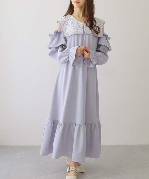 Lace Ladies(レースレディース)の「ビッグ レースカラー カットアウト マキシ ワンピース(ワンピース・レディース・ブラック/ブルー/グレー・S/FREE)」の3枚目の写真