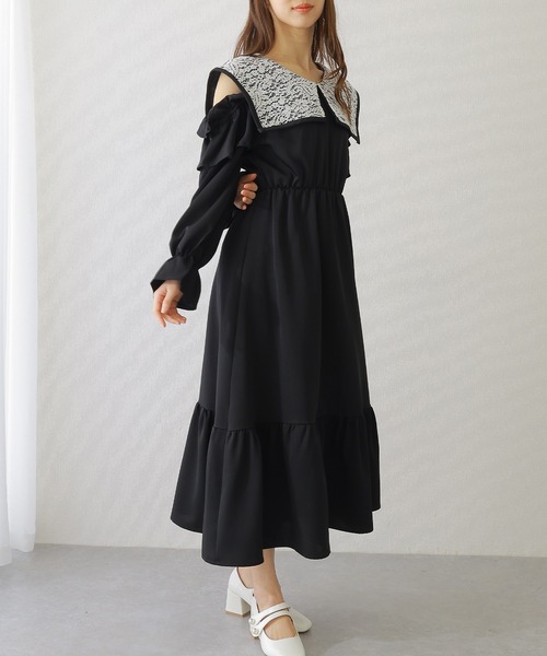 Lace Ladies(レースレディース)の「ビッグ レースカラー カットアウト マキシ ワンピース(ワンピース・レディース・ブラック/ブルー/グレー・S/FREE)」の1枚目の写真