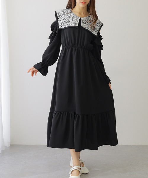 Lace Ladies(レースレディース)の「ビッグ レースカラー カットアウト マキシ ワンピース(ワンピース・レディース・ブラック/ブルー/グレー・S/FREE)」の4枚目の写真