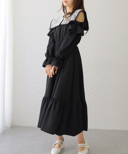 Lace Ladies(レースレディース)の「ビッグ レースカラー カットアウト マキシ ワンピース(ワンピース・レディース・ブラック/ブルー/グレー・S/FREE)」の6枚目の写真