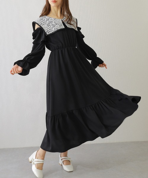 日本未入荷 CHUU★レースカットアウトティアードワンピース セール】ビッグ レースカラー カットアウト マキシ ワンピース