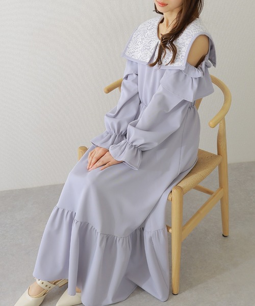 Lace Ladies(レースレディース)の「ビッグ レースカラー カットアウト マキシ ワンピース(ワンピース・レディース・ブラック/ブルー/グレー・S/FREE)」の13枚目の写真