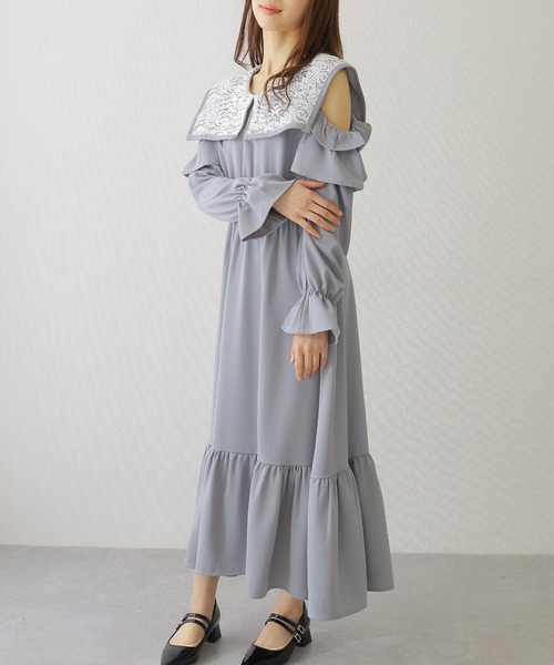 Lace Ladies(レースレディース)の「ビッグ レースカラー カットアウト マキシ ワンピース(ワンピース・レディース・ブラック/ブルー/グレー・S/FREE)」の18枚目の写真