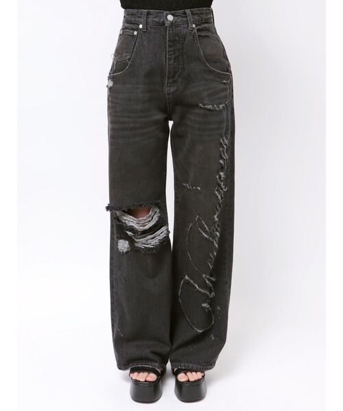 EMODA(エモダ)の「リップスマークルーズジーンズ(デニムパンツ・レディース・ブラック/グレー・SMALL/MEDIUM)」の3枚目の写真