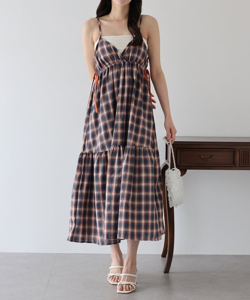 チェック柄サイドリボンキャミワンピース