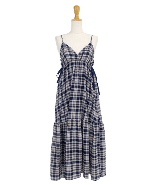 INDIA IS BEAUTIFUL ツイルチェックキャミ チェック　ブルー BLUEEAST（ブルーイースト）の「チェック柄サイドリボンキャミ