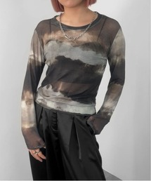 【jiasecond.】水彩柄シアートップス /  カットソー シースルー タイダイ マーブル 総柄 レイヤード 長袖 クルーネック ブラック ミント ピンク ブラウン ZOZOTOWN限定