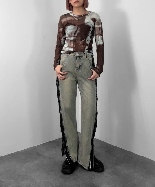 【シティショップ】22AW MESH TEEシースルー　タイダイ柄 シースルー シアー タイダイ ロンT トップス Tシャツ 長袖 韓国
