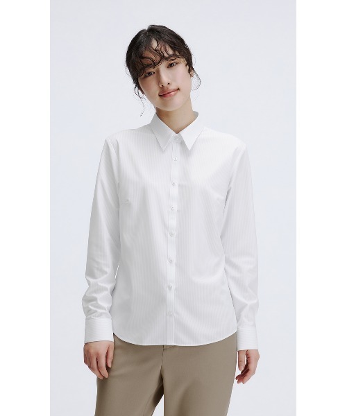 AOYAMA（アオヤマ）の「【スーパーイージーアイロン】お手入れ簡単！長袖レギュラーカラーシャツ/グレー/ストライプ｜通勤＆オフィス＆入卒＆セレモニー＆オケージョン｜形態安定・ストレッチ・消臭｜（ビジネスシャツ・レディース・グレー・7号/15号/11号/9号/13号/17号）」の5枚目の写真