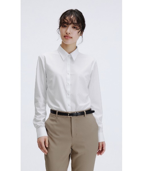 AOYAMA（アオヤマ）の「【スーパーイージーアイロン】お手入れ簡単！長袖レギュラーカラーシャツ/グレー/ストライプ｜通勤＆オフィス＆入卒＆セレモニー＆オケージョン｜形態安定・ストレッチ・消臭｜（ビジネスシャツ・レディース・グレー・7号/15号/11号/9号/13号/17号）」の2枚目の写真