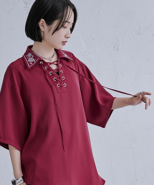 新色追加】レースアップフラワー刺繍シャツ（シャツ/ブラウス