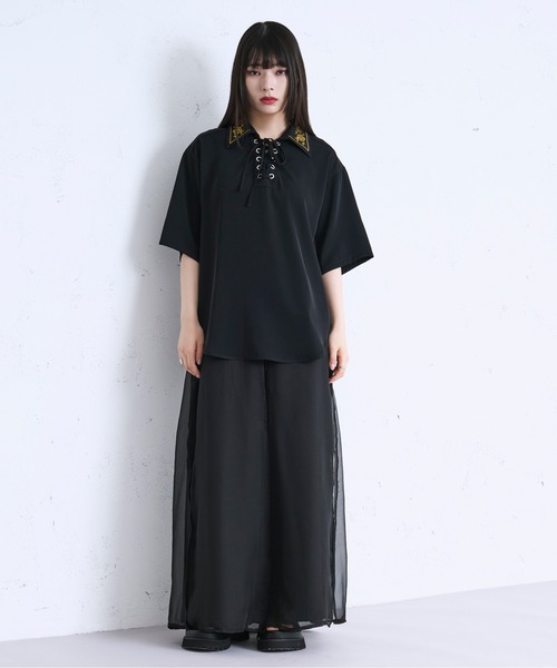 セール】【新色追加】レースアップフラワー刺繍シャツ（シャツ