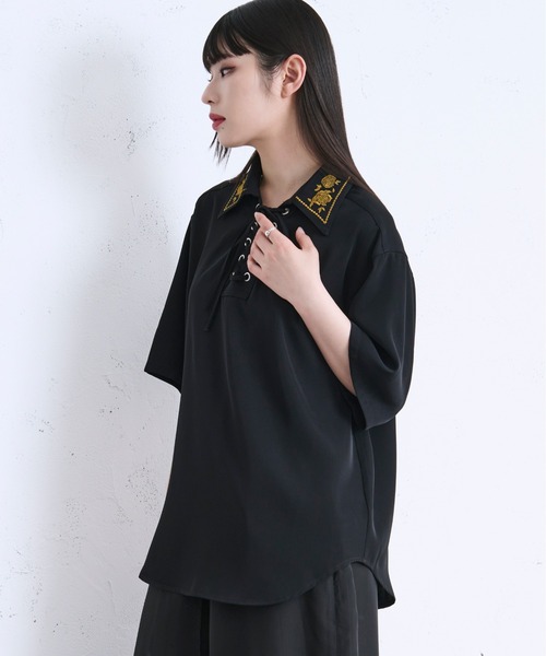 Ellno Loset（エルノロゼット）の「レースアップフラワー刺繍シャツ（シャツ/ブラウス・メンズ・オフホワイト/ブルーグレー/ブラック/ボルドー・MEDIUM/LARGE/SMALL）」の20枚目の写真