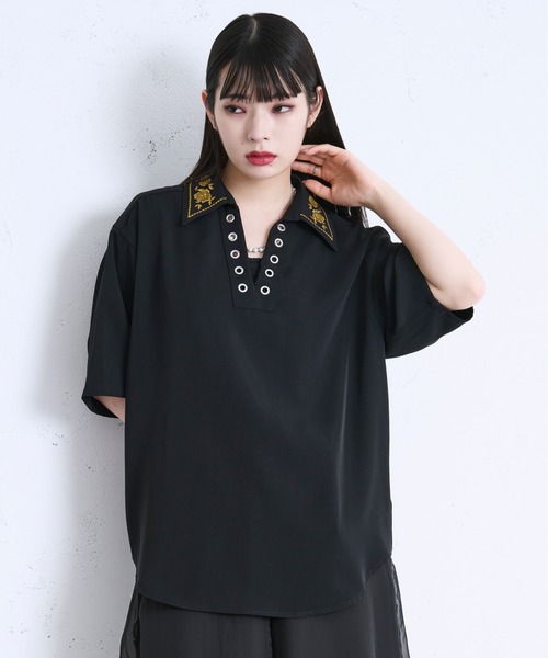 Ellno Loset（エルノロゼット）の「レースアップフラワー刺繍シャツ（シャツ/ブラウス・メンズ・オフホワイト/ブルーグレー/ブラック/ボルドー・MEDIUM/LARGE/SMALL）」の12枚目の写真