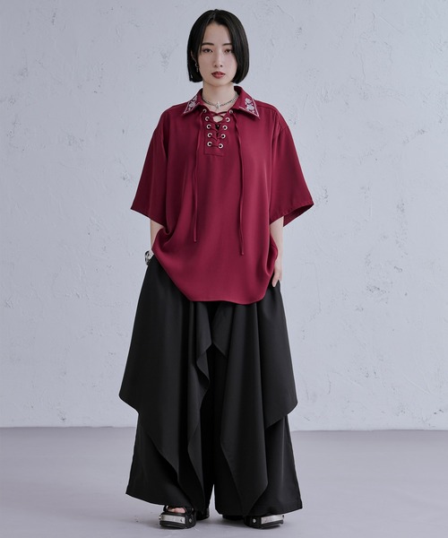 セール】【新色追加】レースアップフラワー刺繍シャツ（シャツ