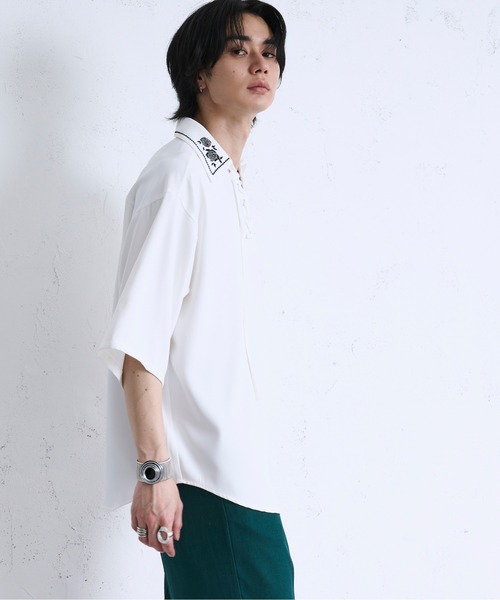 やまー 新色追加】レースアップフラワー刺繍シャツ（シャツ/ブラウス