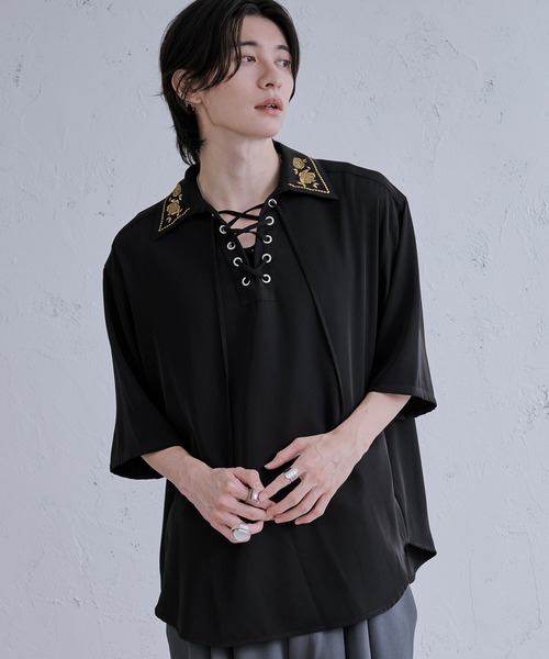 freada レース刺繍パッチワークシャツ セットアップ　黒 新色追加】レースアップフラワー刺繍シャツ（シャツ/ブラウス