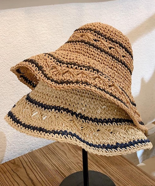 VIBGYOR（ヴィブジョー）の「pur chouchou/クロシェ編み ボーダー 麦わら ペーパーハット P4466（ハット・レディース・ブラウン/ベージュ・FREE）」の5枚目の写真