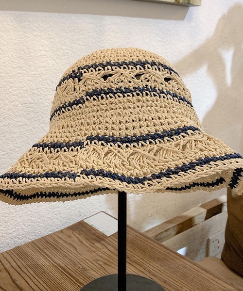 VIBGYOR（ヴィブジョー）の「pur chouchou/クロシェ編み ボーダー 麦わら ペーパーハット P4466（ハット・レディース・ブラウン/ベージュ・FREE）」の7枚目の写真