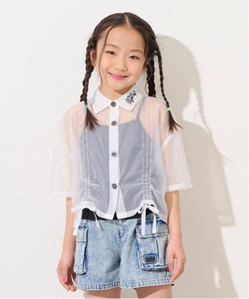 X-girl Stages（エックスガールステージス）の「ルーシングシアー半袖シャツ（シャツ/ブラウス・キッズ・ブラック/オフホワイト・140cm/130cm/120cm/110cm）」の2枚目の写真