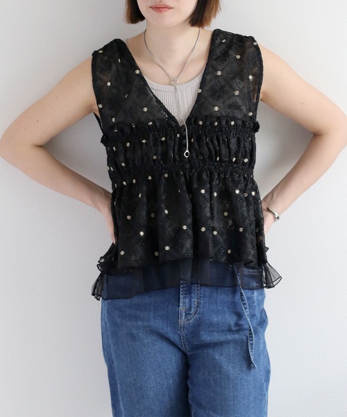 cepo（セポ）の「チュールレース刺繍ビスチェ（シャツ/ブラウス・レディース・オフホワイト/ブラック・M）」の8枚目の写真