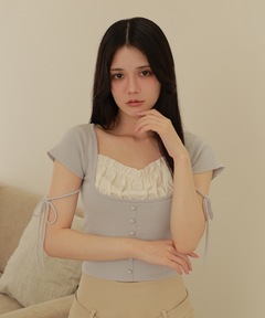 セール】ストライプシャツドッキングトップス半袖（Tシャツ/カットソー