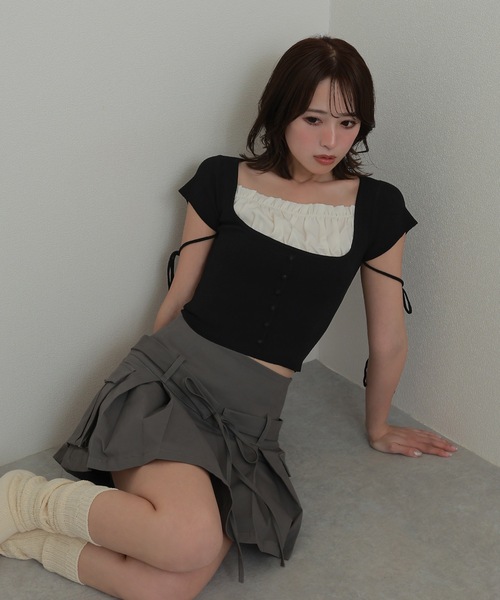 M DOLLY（エムドリー）の「*M DOLLY original* ribbon strap dreamy tops/リボンストラップドリーミートップス（ニット/セーター・レディース・ベージュ/ライトブルー/ブラック・FREE）」の6枚目の写真