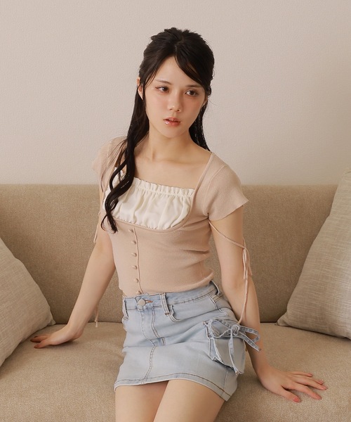 M DOLLY（エムドリー）の「*M DOLLY original* ribbon strap dreamy tops/リボンストラップドリーミートップス（ニット/セーター・レディース・ベージュ/ライトブルー/ブラック・FREE）」の9枚目の写真