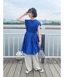 Samansa Mos2 blue | 【Made in India】シャーリングノースリーブチュニック(シャツ/ブラウス)