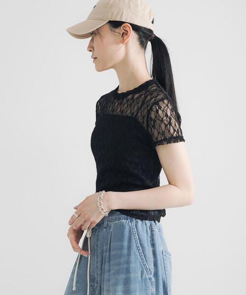 URBAN RESEARCH(アーバンリサーチ)の「ストレッチレースTシャツ(Tシャツ/カットソー・レディース・ブラック/オフホワイト・FREE)」の1枚目の写真