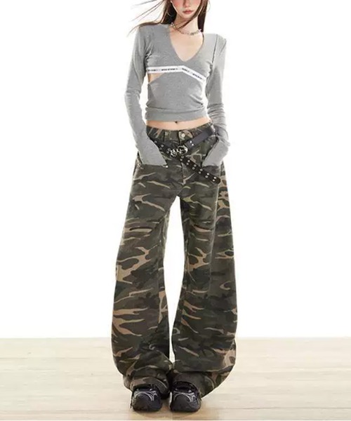 Chick（チック）の「camouflage pants/スナップボタンデザイン迷彩パンツ（デニムパンツ・レディース・カーキ・FREE）」の20枚目の写真