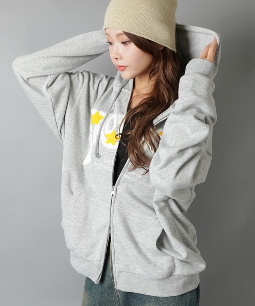 SPINNS（スピンズ）の「立体ロゴが主役★ストリートWジップフーディ/サガラ刺繍スター（パーカー・レディース・ブラック/杢グレー/オートミール/レッド・ONESIZE）」の12枚目の写真