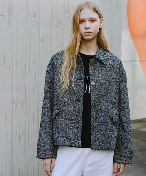 ヘリンボーンショートジャケット セール】ヘリンボーン 襟付き ショート ジャケット コート（ステン