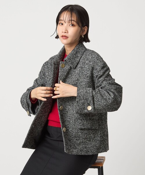 セール】ヘリンボーン 襟付き ショート ジャケット コート（ステン
