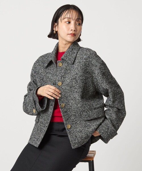 ヘリンボーン 襟付き ショート ジャケット コート（ステンカラーコート