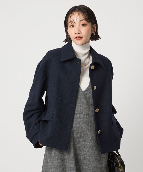 ヘリンボーン 襟付き ショート ジャケット コート（ステンカラーコート