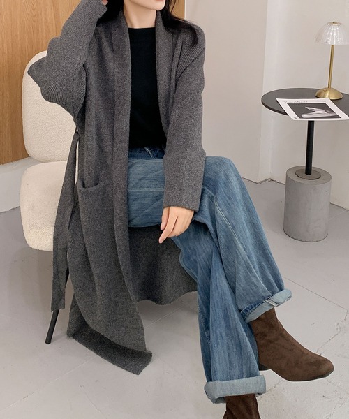 セール】ロング ニットカーディガン リボンベルト付き（カーディガン