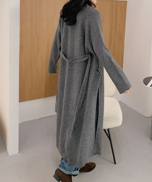 セール】ロング ニットカーディガン リボンベルト付き（カーディガン