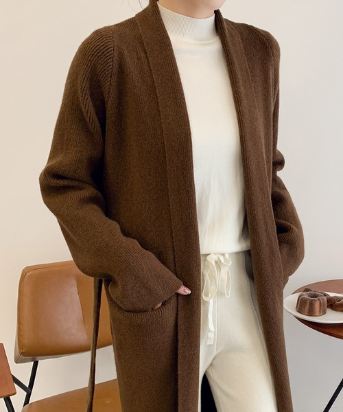 ソイル濃いベージュロングニットカーディガン セール】ロング ニットカーディガン リボンベルト付き（カーディガン